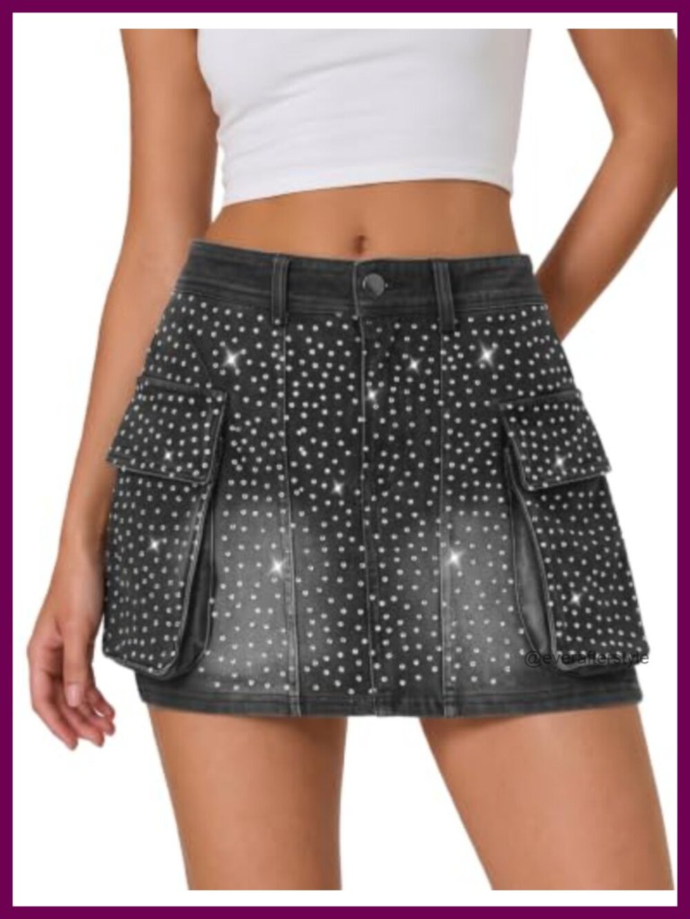 Womens Denim Cargo Mini Skirt Mid Rise Rhinestone Sparkly Y2K Party